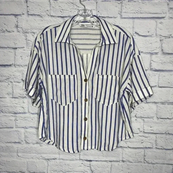 Zara Linen Blend Striped Nautical Button Down Crop Top - Picture 3 of 7